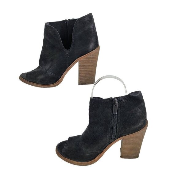 Vince Camuto Ankle Booties 6.5 Black Leather Suede Stacked Block Heel Peep Toe - Picture 2 of 11